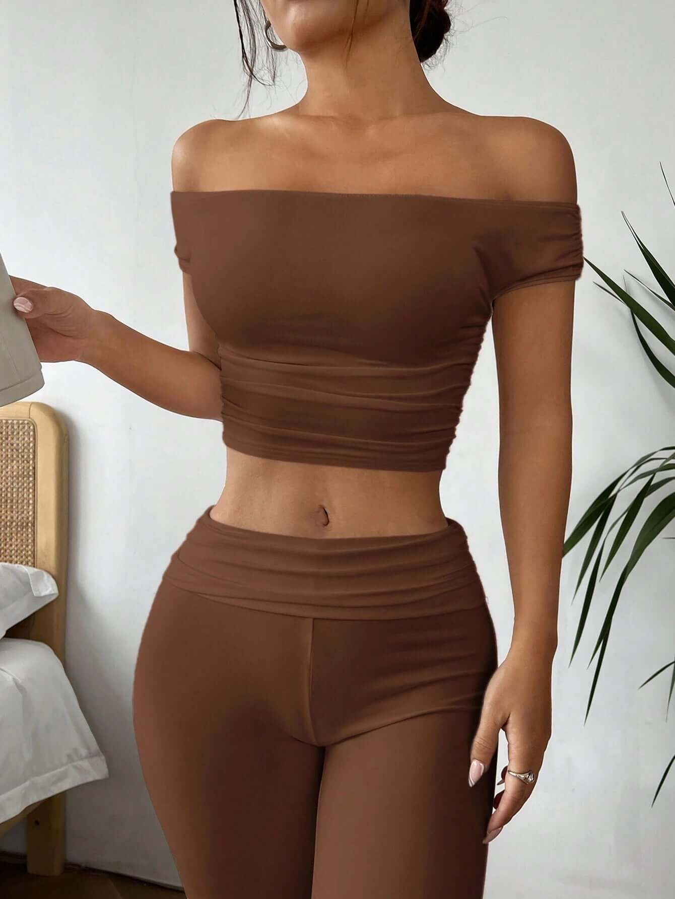 Axon Ezwear Solid Color Top and Pants Set | 2Pcs / Brown