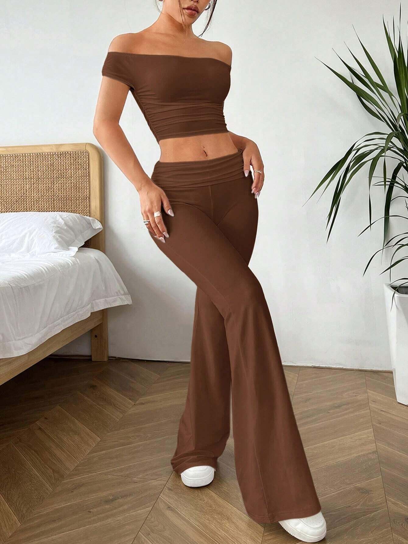 Axon Ezwear Solid Color Top and Pants Set | 2Pcs / Brown