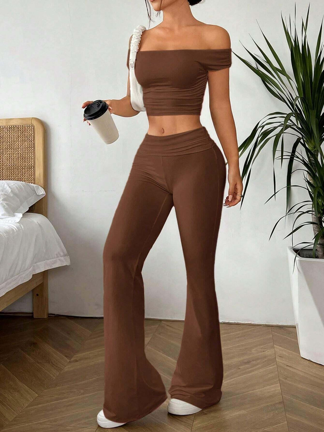 Axon Ezwear Solid Color Top and Pants Set | 2Pcs / Brown